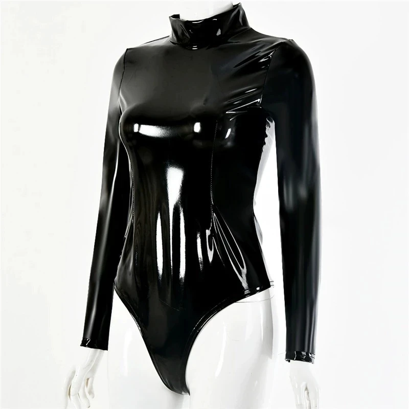 Womens Faux Latex PVC Mirror Print Leotard Gothic Turtleneck Long Sleeve Bodysuit Shiny Clubwear One-Piece Body Shaping Leotard