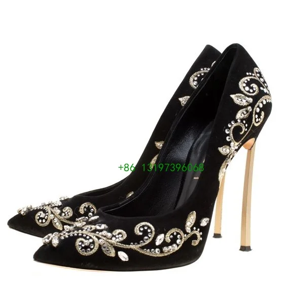 Lady  Embroidered Suede Crystal Embellished Pointed Toe High Heels Pumps Black Gold Wedding Heels Embroidered Rhinestone Pumps