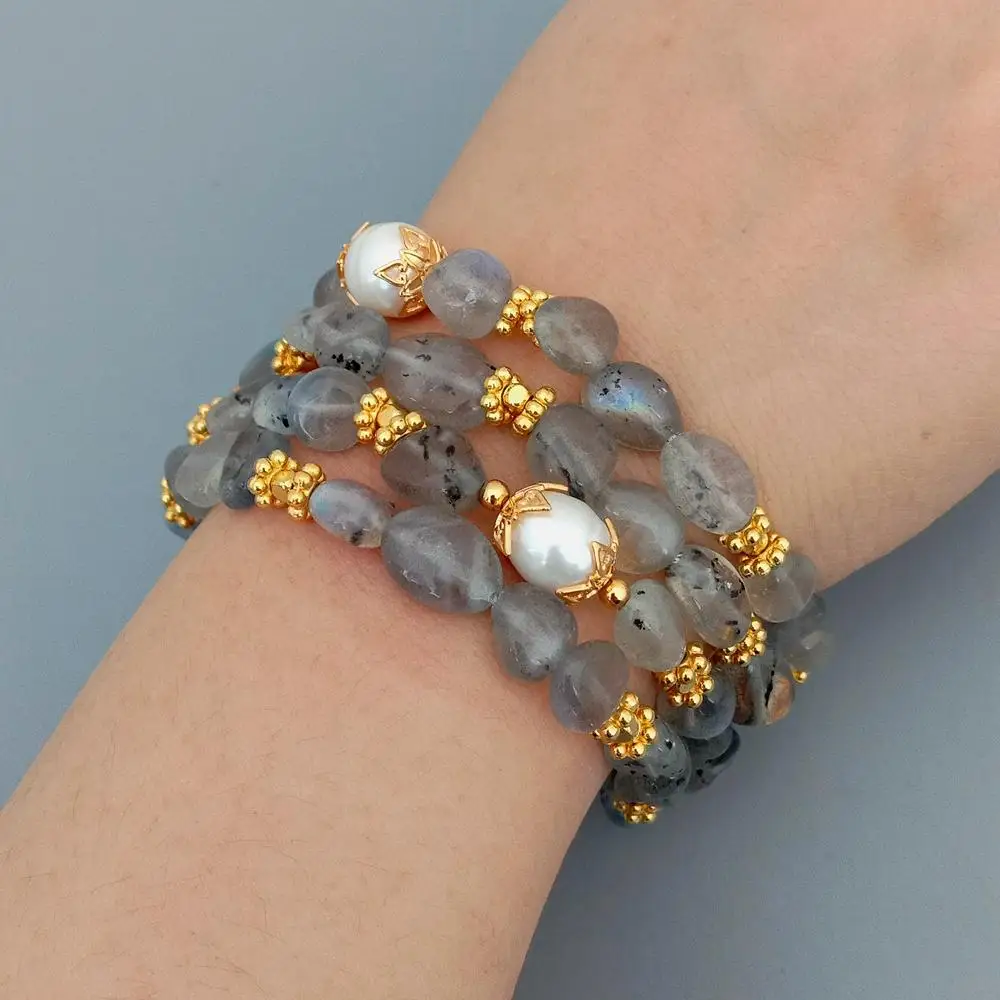 Y·YING  Natural Cultured White Rice Freshwater Pearl  4 Strds Freeform LabradoriteBracelet 8.5