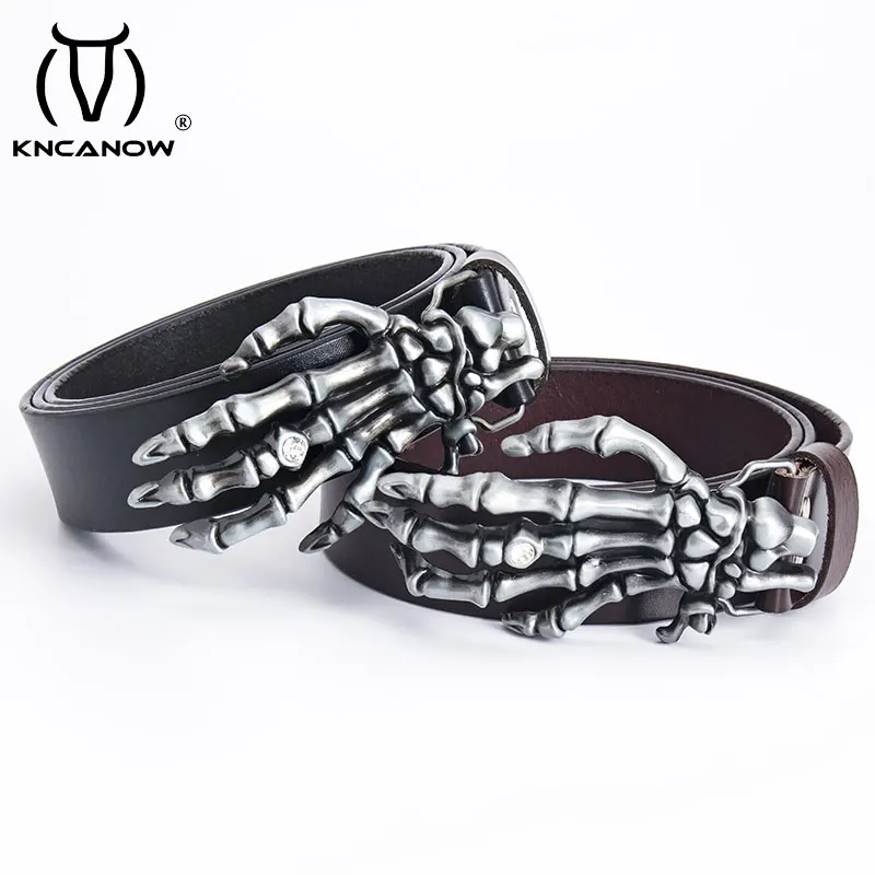 Fashion Men Belt Genuine Leather Designer Skull Hand Heavy Metal Buckle Personality Rock Skeleton Head Devil Hand Punk Rock Belt