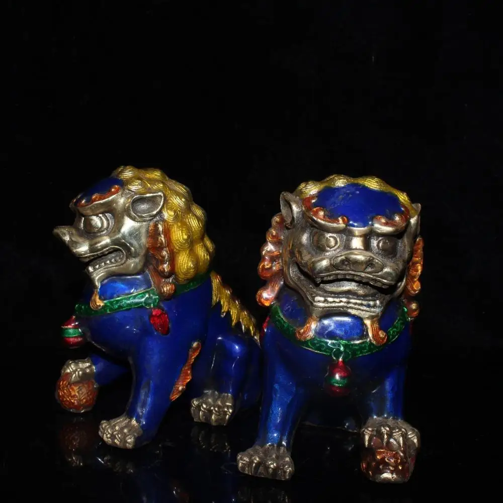 Chinese Old Beijing Old Goods Collection Old Copper Tire  Cloisonne Festoon Pair Of Lions