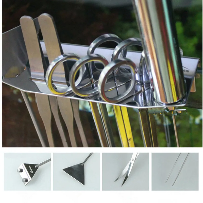 Stainless Steel Aquarium Straight Curved Tweezer Scissor Algae Scraper Tool Rack Fish Tank Aquatic Plant Waterweed Cleaning Tool