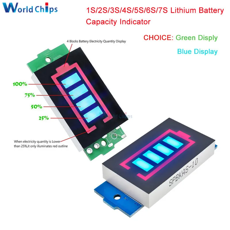 BMS 1S 2S 3S 4S 6S 7S Battery Capacity Indicator Lithium Li-po Li-ion Power Level Meter Blue/Grenn LED Display with Case Cover