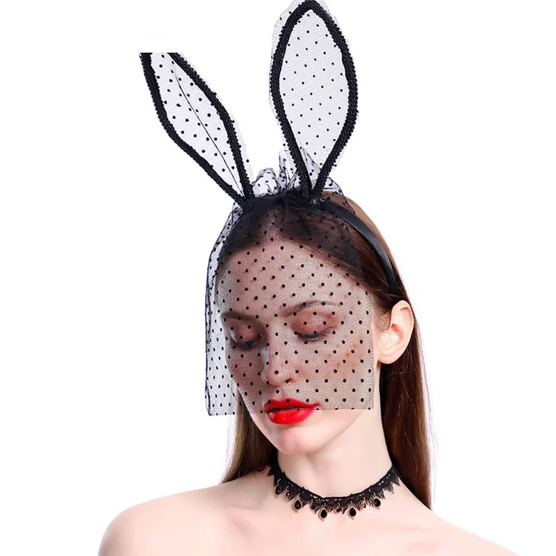 New Black Lace Rabbit Ears Hair Band with Veil Halloween Party Headband Accessories Fancy Party Costume Headpiece Bunny Ear