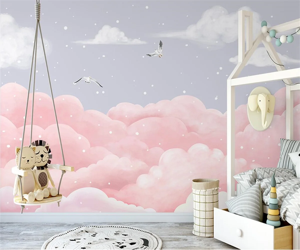 Custom wallpaper Nordic hand-painted dreamy cloud sea bird mural cartoon princess room pink series floral decoration painting