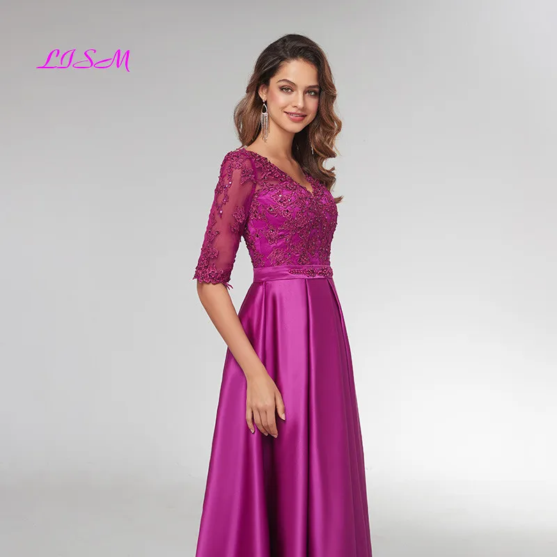 Purple Half Sleeves Evening Dresses 2020 Elegant Lace Appliqued Beaded Long Formal Gowns Illusion V-Neck Satin Prom Dress