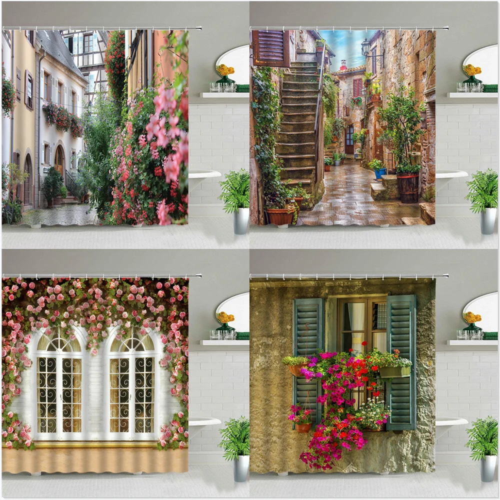 Flowers Spring Scenery Bathroom Set Shower Curtain Street Red Pink Flower Retro Design Garden Wall Decoration Hanging Curtains