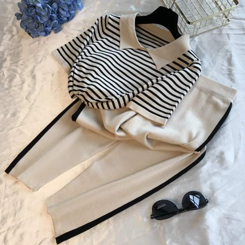 

SMTHMA Two Piece Set Women Summer Knitted Striped Short Sleeve T Shirts+Stretch Waist Full Length Pants