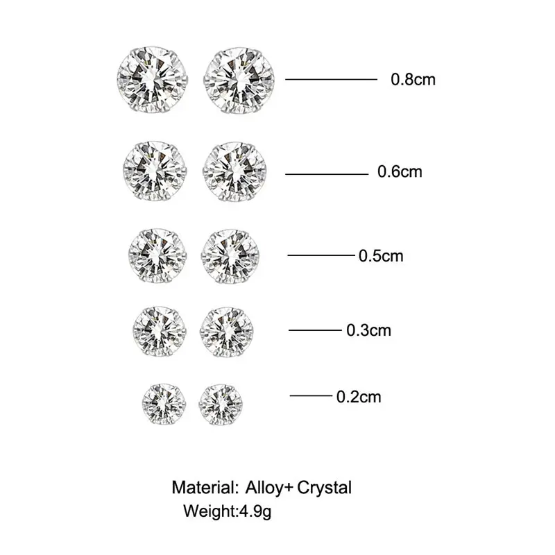10pc/set Round 2mm-8mm Crystal Stud Earrings Set For Women CZ Zircon Ear Piercing Stud Earrings Kit Surgical Steel Jewelry