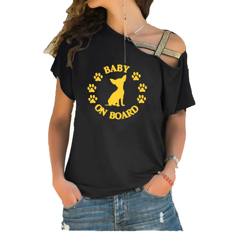 BABY ON BOARD Dog Printing T-Shirt Women Irregular Skew Cross Bandage Tops Tee