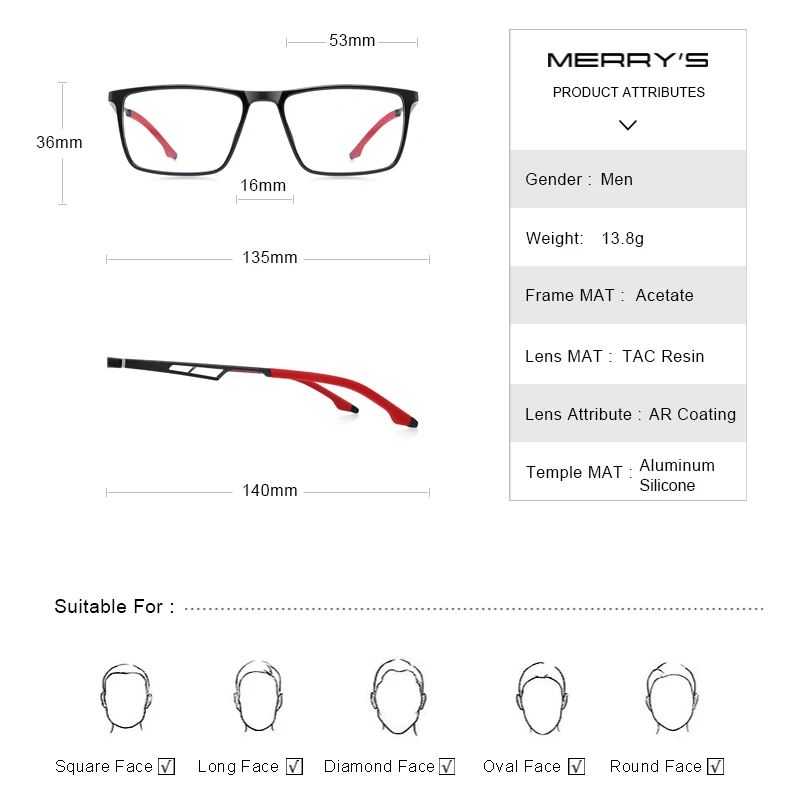 MERRYS DESIGN Men Sport Glasses Frame Myopia Prescription Eyeglasses TR90 Frame Aluminum Temple With Silicone Legs S2270