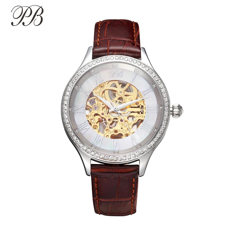 PB montre femme mécanique automatique évider bracelet femme en cuir cristal quartz étanche luxe