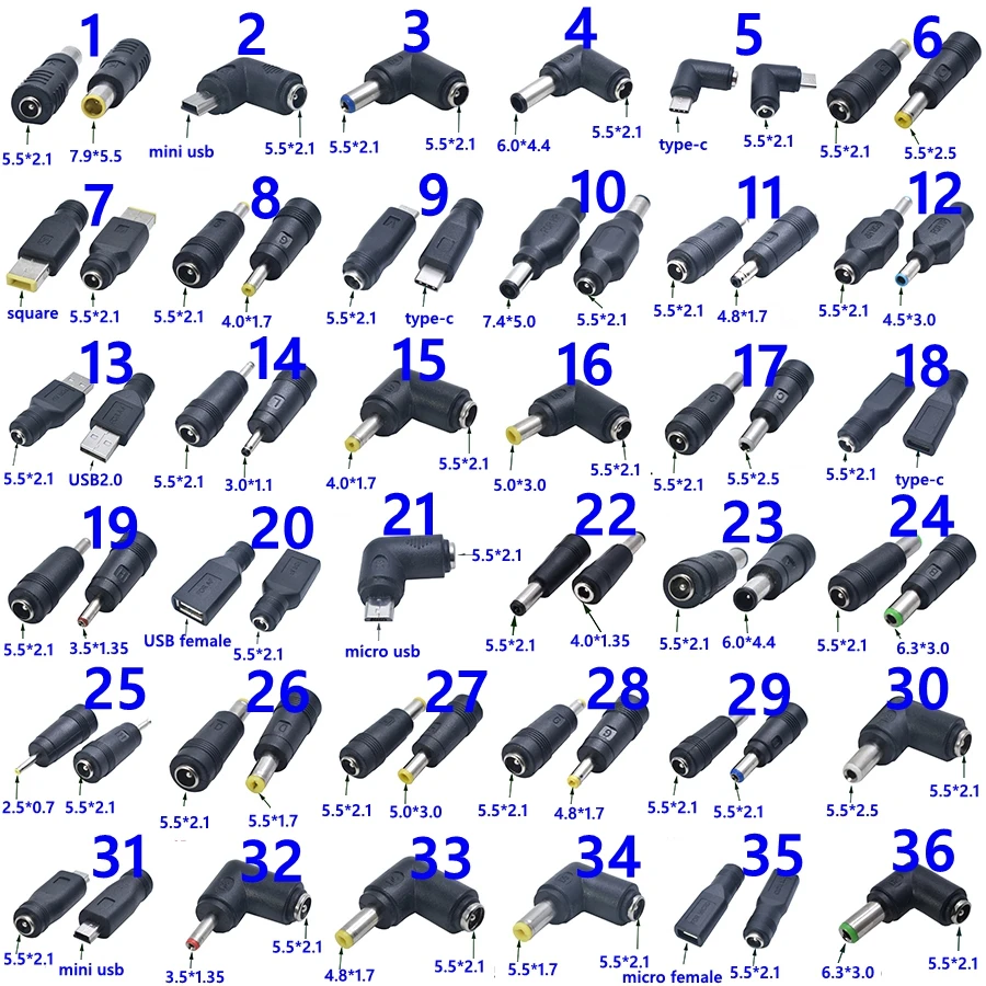 1 قطعة تيار مستمر السلطة ذكر إلى أنثى 7.5*4.0 / 4.0X1.7 / 3.0*1.1 / 5.5*2.5/usb إلى 5.5*2.1 محول قابس محول الكمبيوتر المحمول موصل