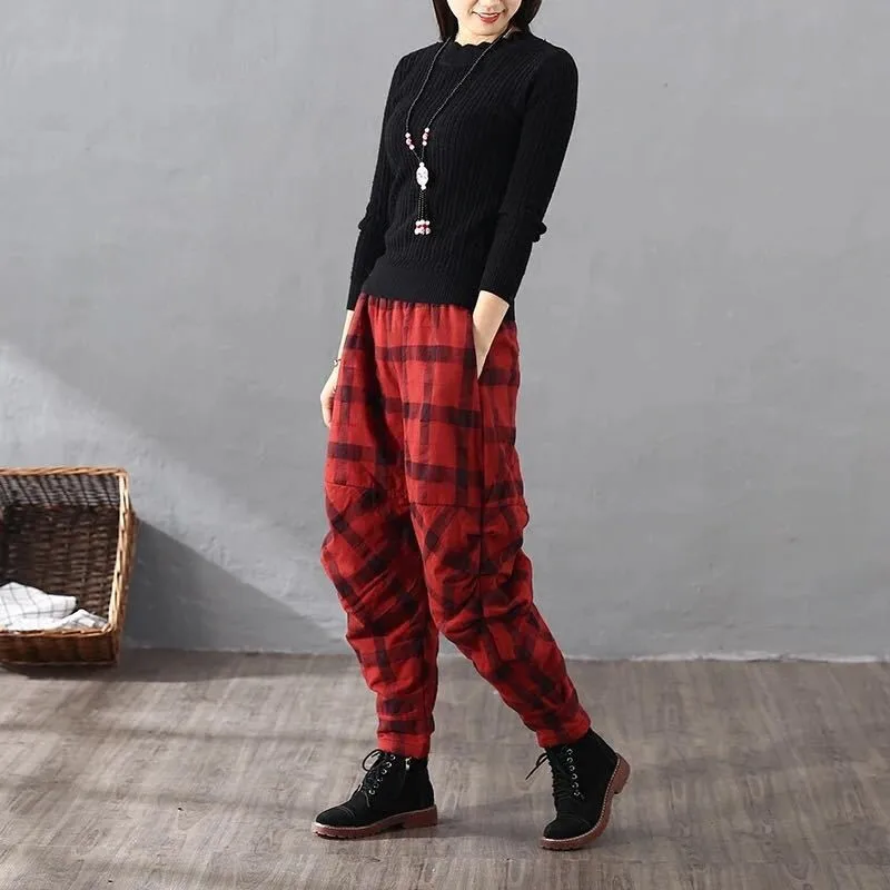 Winter Plaid thickened cotton hemp loose cotton baggy pants worn outside wrinkled cotton pants Vintage Harlem cotton pants women