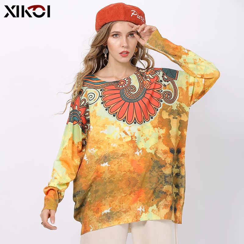 New XIKOI Winter Retro Print Sweater Women Pullovers Knitted O-Neck Jumper Women Oversized Warm Sweaters High Elastic Pull Femme