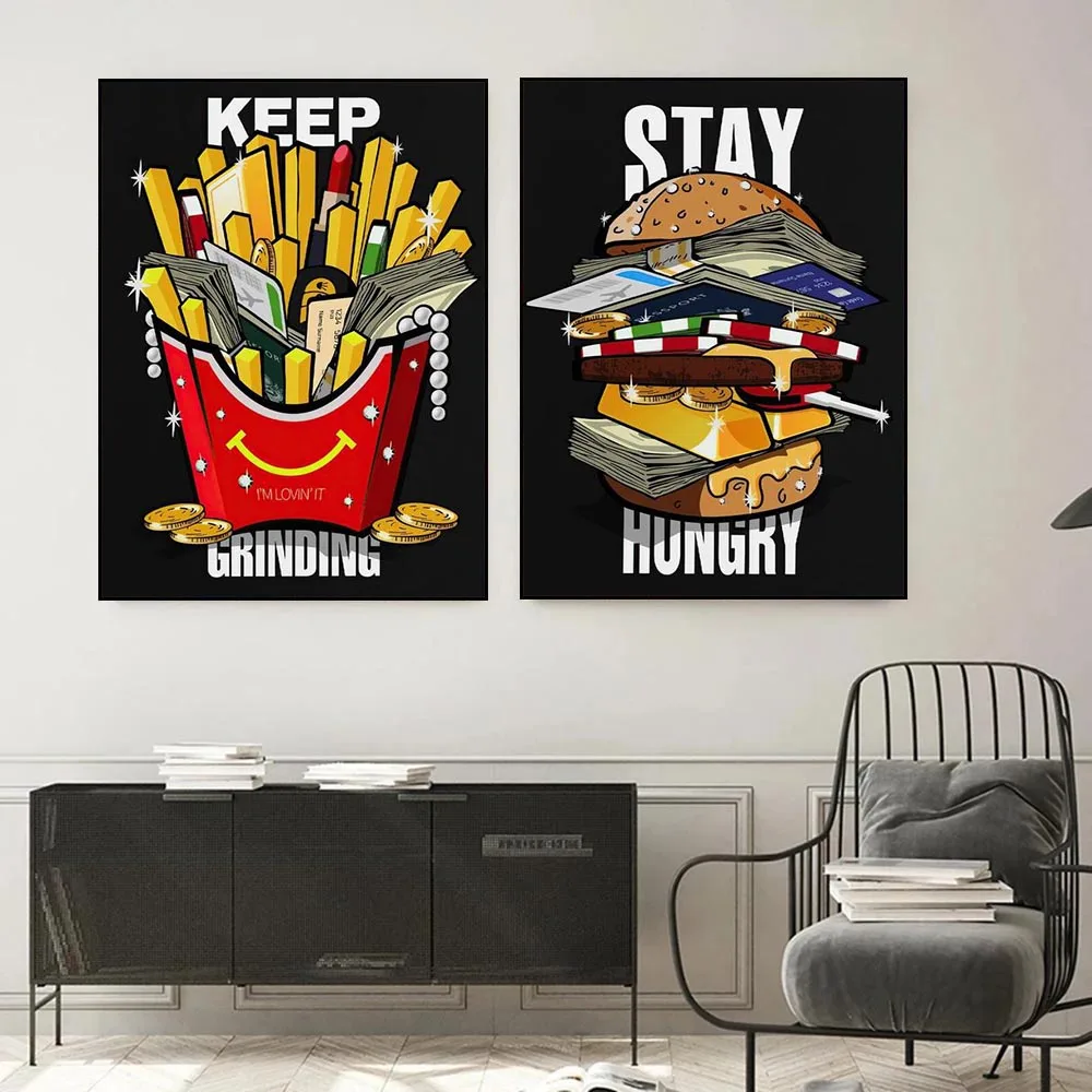 Continue To Sharpen and Keep Hungry Canvas Painting Wall Art Print Posters Cartoon Burger Modern Picture Living Room Home Decor