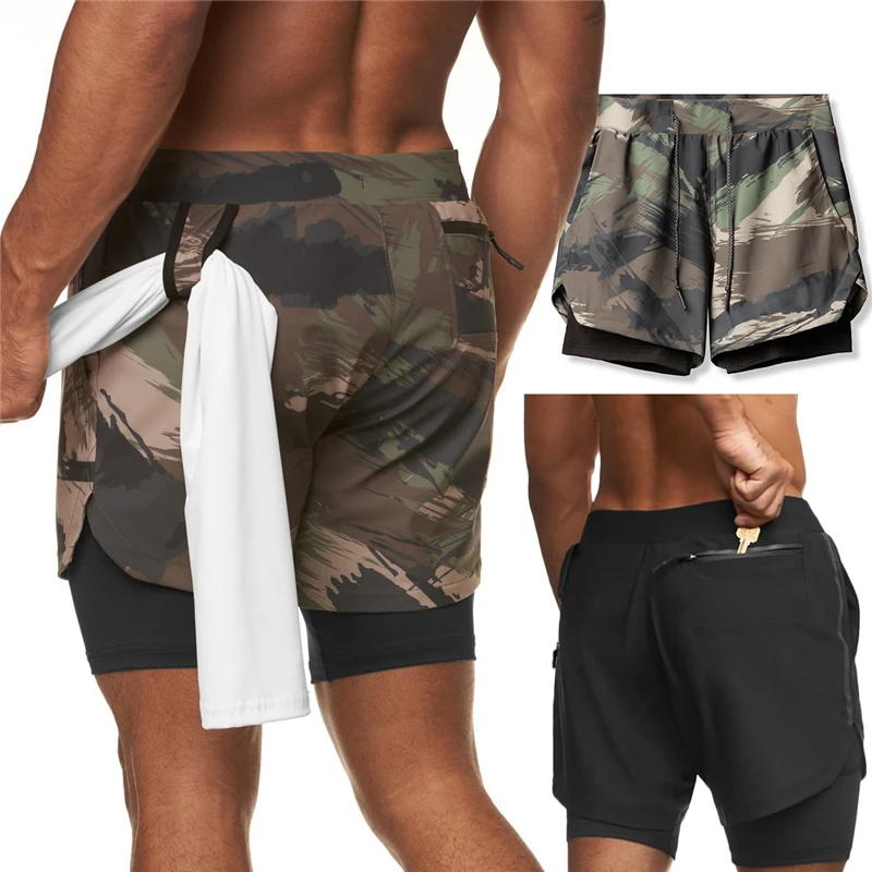 2021 Camo Running Shorts Men 2 In 1 Double-deck Quick Dry GYM Sport Fitness Jogging Workout Men Sports Short Pants