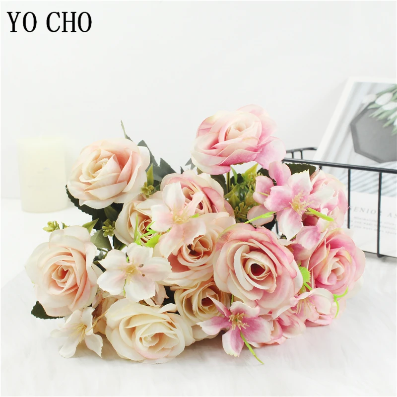 YO CHO1 Bunch 7 Forks Rose Hydrangea Silk Flower Artificial Flowers Rose Holding Wedding Bouquet For Home Party Table Decoration