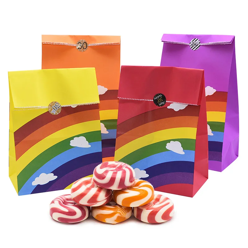 5-8pcs Corlorful Kraft Paper Bag Rainbow Pattern Wedding Sweet Candy Gift Bags Cookie Food Packaging Box Birthday Party Supplies