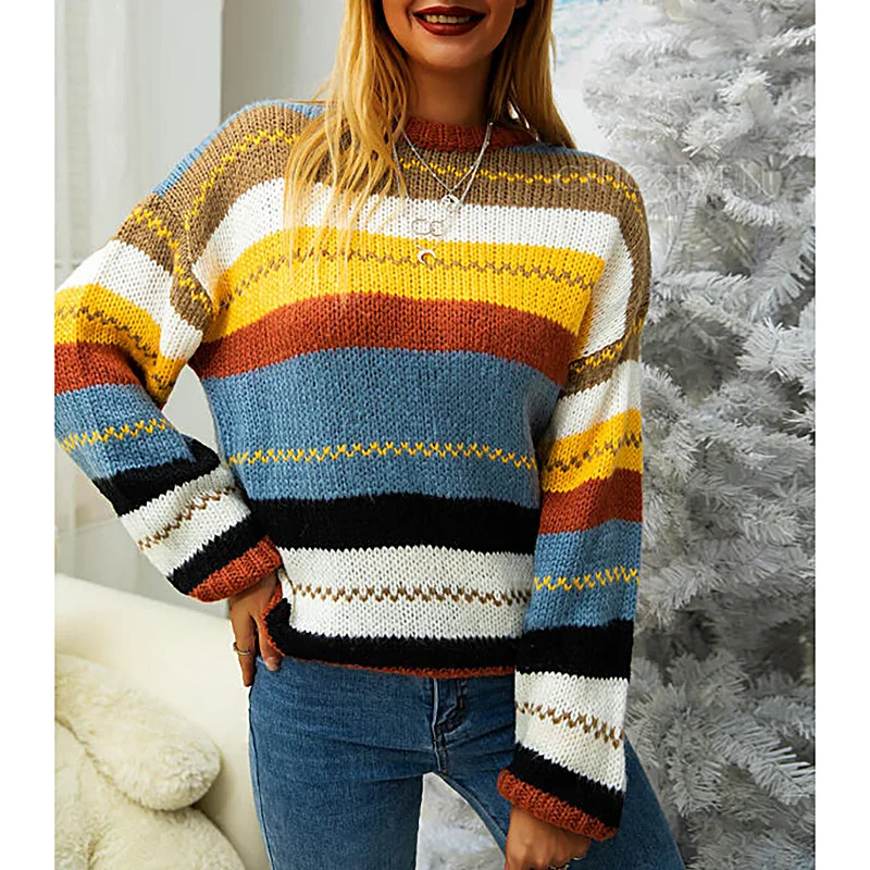 

Sweater Women Color Striped Stitching Round Neck Long-Sleeved Sweater Striped Knitted Pullover Sweater Winter Clothes Women