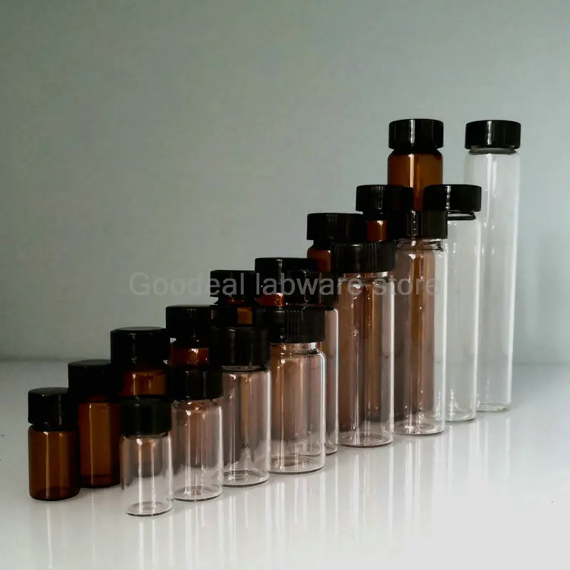 20pcs/lot 3ml To 50ml (Clear/ Brown) Glass Reagent Bottle Sample Vials with Plastic Lid Screw Cap