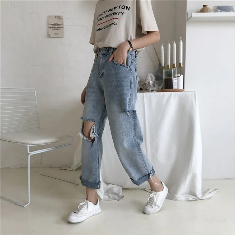 Hop Hip Hole Ripped Jeans Women High Waist Loose Straight Pants Streetwear Casual Trousers Female Fashion Wide Leg Denim Pants