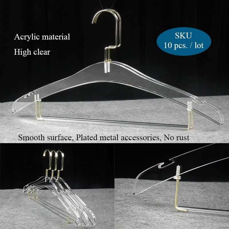 Transparent Acrylic Hanger with Bar for Adult, Clothing Hanger, Pants Tube, Wardrobe Storage, Plus Size, Hot Sale, 10Pcs Pack