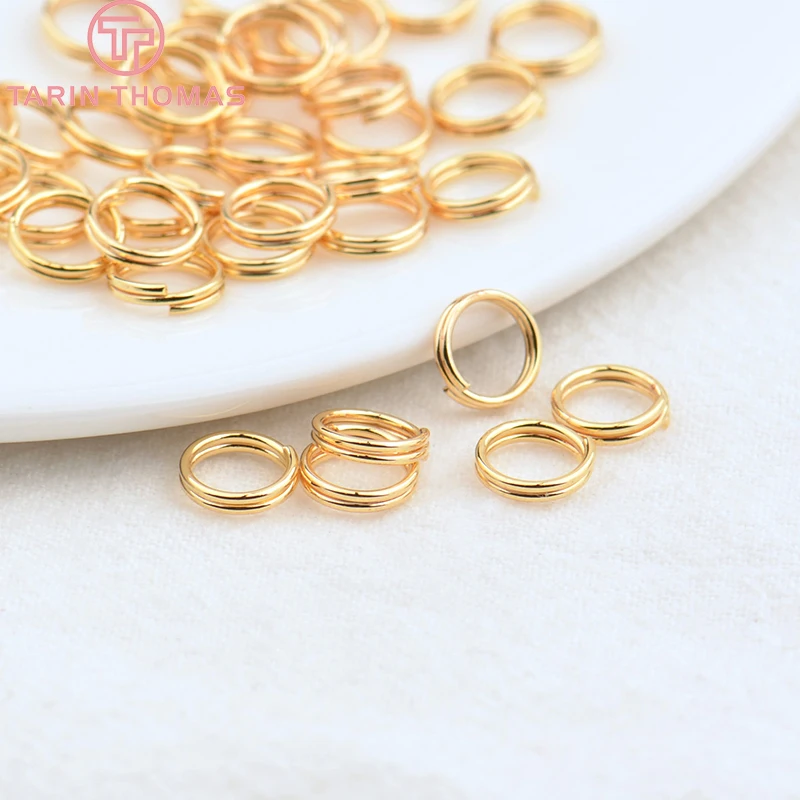 (3668) 50PCS 5x0.7MM 7x0.7MM 24K Gold Color Plated Brass Double Loop Jump Rings Split Rings High Quality Jewelry Accessories