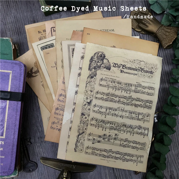 Handmade Coffee Dyed Music Score Sheets Opern Material Ephemera Journal Decoration Page Paper DIY Scrapbooking Craft