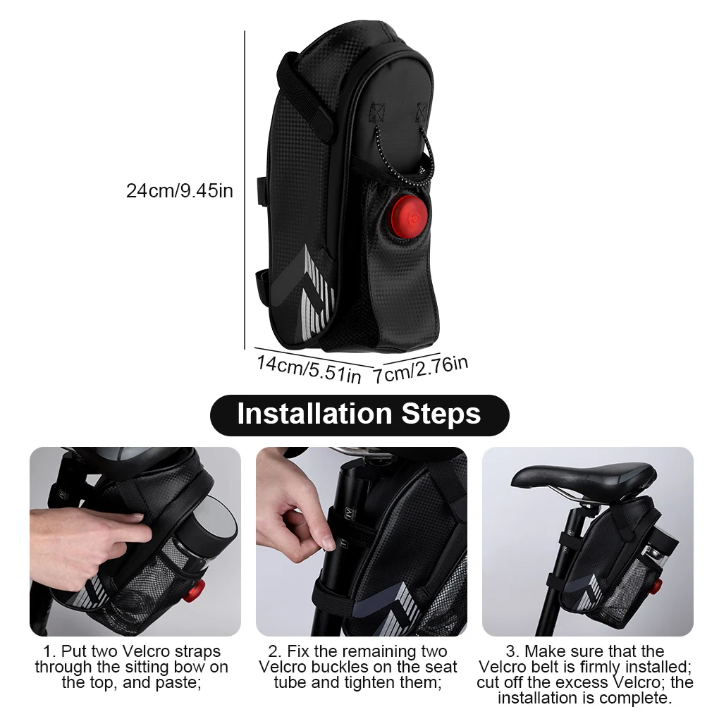 Bicycle Saddle Bag Cycling Water Bottle Pouch IP44 Waterproof Bike Taillight Pocket with LED Light