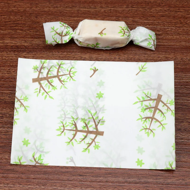 500pcs/lot Spring Green Leaf Tree Pattern Baby Party Nougat Wrapping Paper Baptism Sugar Packaging Candy Gift Twisting Wax Paper