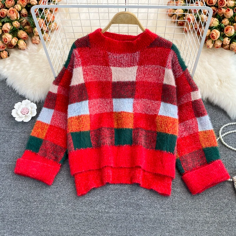 

New Autumn Winter Women Loose Pullover Sweater High Quality Fashion Contrast Color Plaids Mink Cashmere Sweater