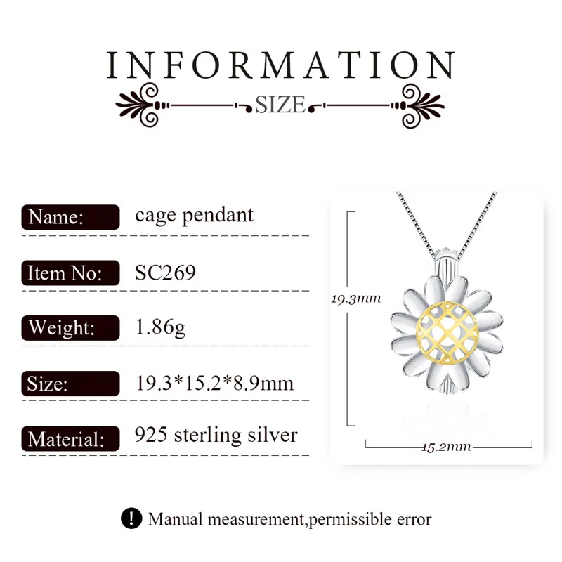 CLUCI 3pcs Silver 925 Sunflower Hollow Cage Pendant Fine Jewelry 925 Sterling Silver Pendants For Women Pearl Locket SC269SB