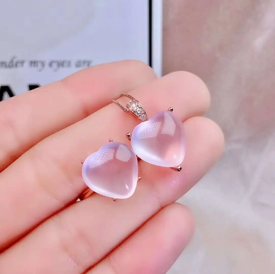 Real Natural Rose Quartz jewelry set Natural Real Rose Quartz 925 sterling silver 1pc pendant,1pc ring