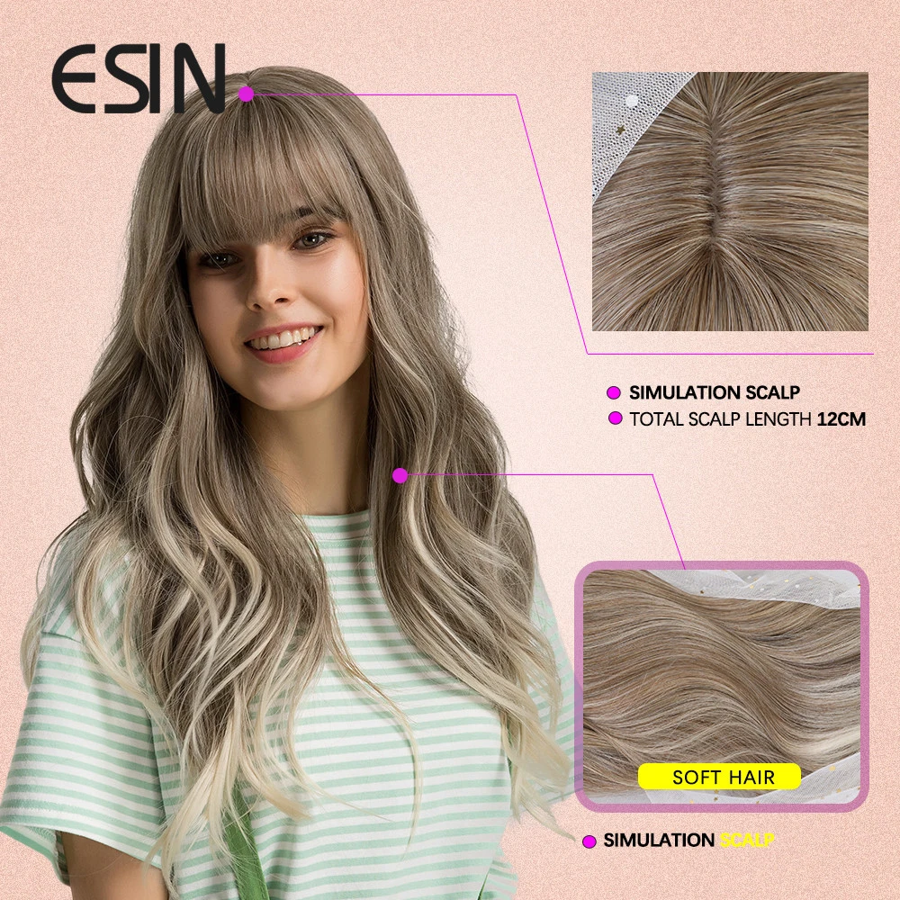 ESIN วิกผมปลอมสีเทาและสีน้ำตาล Ombre สีบลอนด์ยาว Water Wave Wigs กับ Bangs วันธรรมชาติวิกผมสำหรับผู้หญิงทน