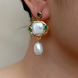 YYGEM Freshwater Cultured White Square Pearl Rice Pearl Green Crystal Dangle Stud Earrings
