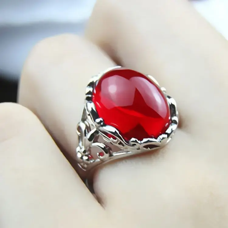 925 Silver Plated Natural Green Chalcedony Gemstone Ring Female Red Agate Atmosphere Fashion Open Ring Birthday Gift