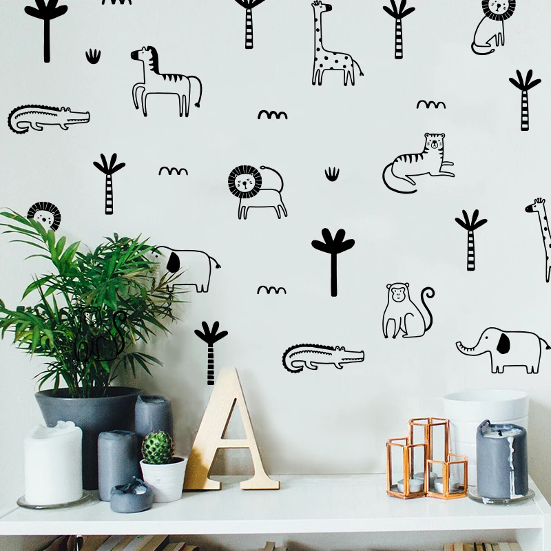 Safari Dschungel Tier Palme Wandaufkleber Tropischer Elefant Tiger Affe Wandtattoo Schlafzimmer Kinderzimmer Vinyl Dekor