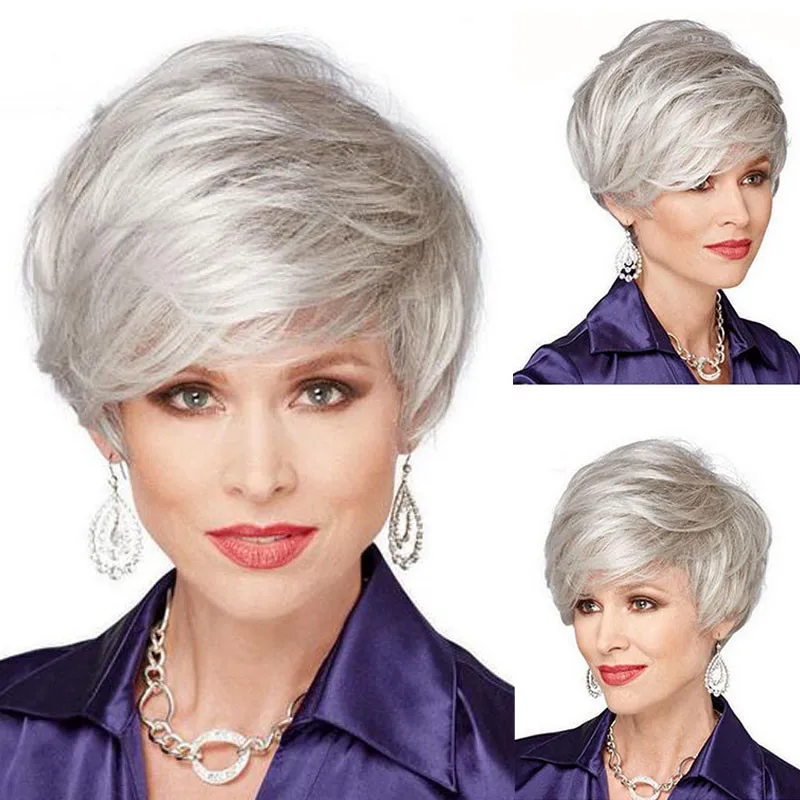 Ladise Short Silver Straight Wig With Bangs Synthetic Wig For Women Daily Party Use Nature Looking Wig Heat Resistant Fiber Wig