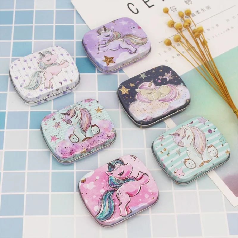 1Pc Cartoon Unicorn Tin Box 5.5*4.3*1.5cm Candy Sugar Pill Packing Box Mini Flamingo Pattern Metal Jewelry Storage Sewing Case