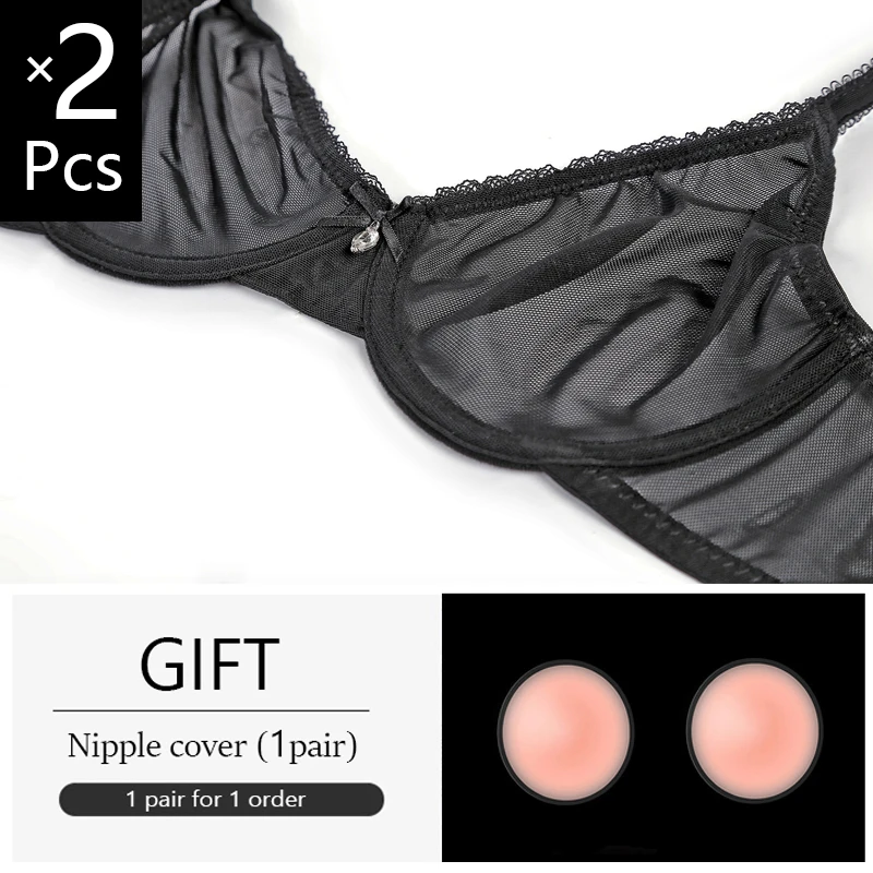 2 Piece Mesh Transparent Bras For Women Plus Size Sexy Lingerie Underwire Push Up See Thourgh Female Lace Brassiere Top A B C D