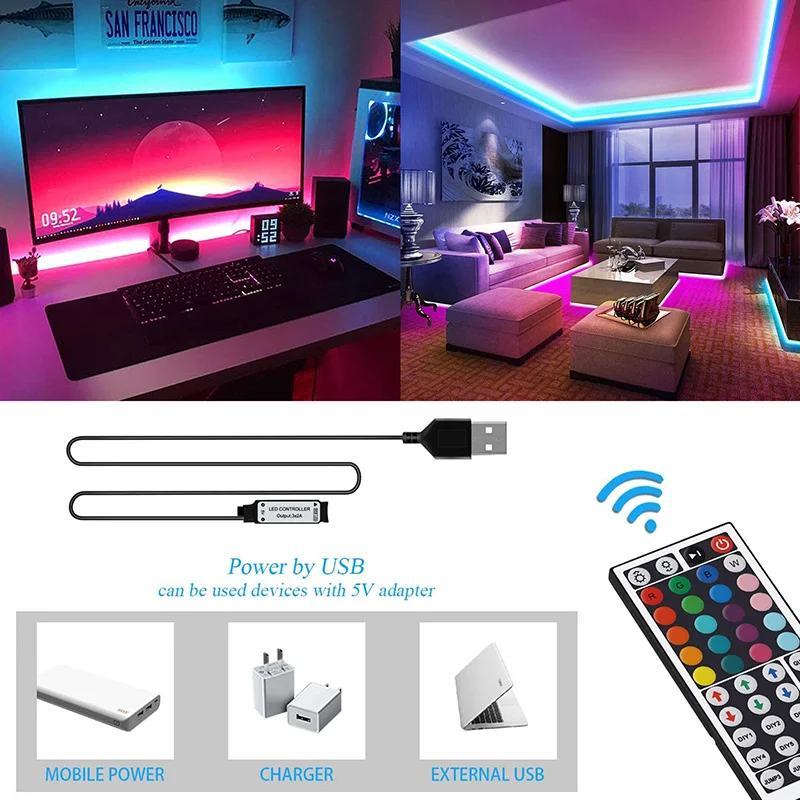 

Multicolor Flexible LED Strip with Remote Control, 44 Keys, Home Room Decoration, New, 1 m, 2 m, 3 M, 4 M, 5m, Drop Shipping