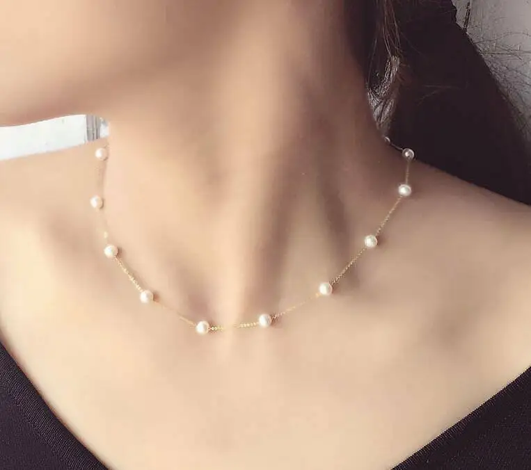 

stunning 4-5mm south sea white round pearl 18k gold necklace 18inch