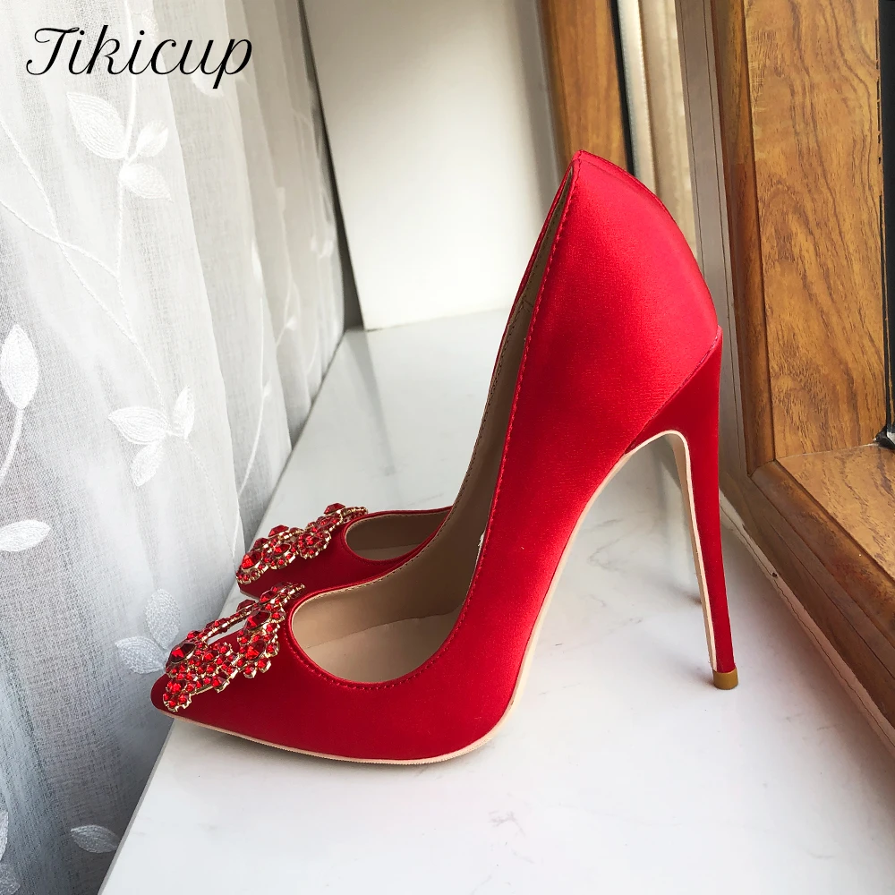 Tikicup Square Rhinestones Women Red Silk Satin Pointy Toe High Heel Wedding Bridal Shoes Elegant Ladies Stiletto Pumps 33-45