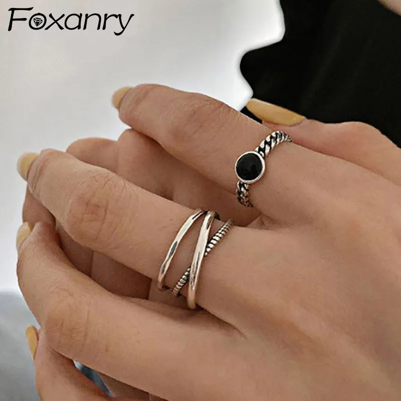 Foxanry Minimalist Stamp Chain Rings for Women Couples New Fashion Vintage Handmade Geometric Party Jewelry Gifts