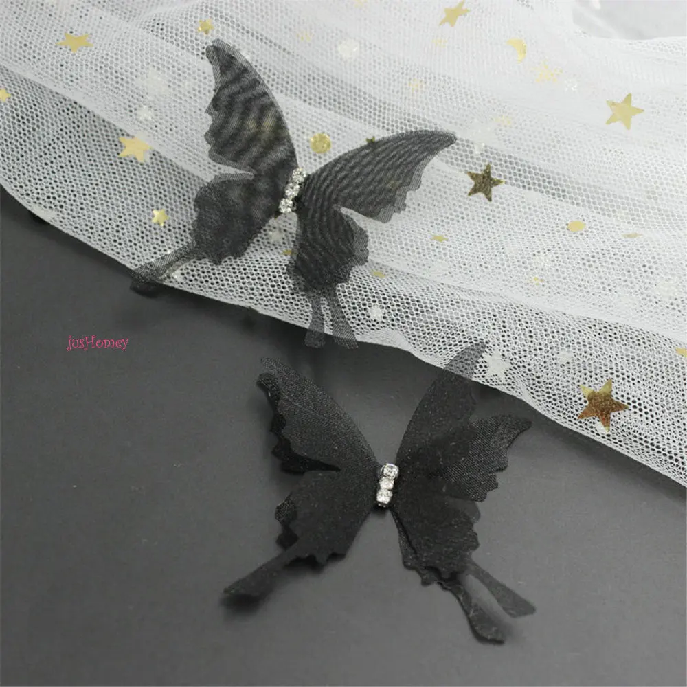 100PCS White Organza Swallowtail butterfly Appliques Sheer Chiffon Butterflies Double-Layer w/ rhinestone for Party Decoration