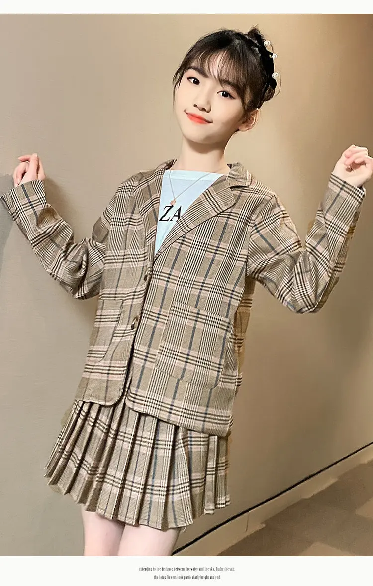 Mädchen-Kleidungsanzug für formelle Partys, Blazer- und Rock-Set, modische Frühlings-Outfits aus Baumwolle und Leinen für Kinder im Alter von 4, 5, 7, 9, 11, 12, 13 Jahren. – Detail 5