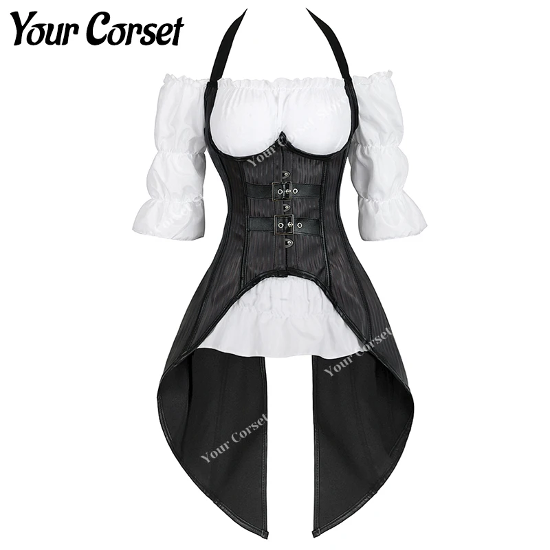 Steampunk Corset Blouse Women Two Piece White Corset with Straps Tops Black Gothic Corset Dress Plus Size Costume Halloween