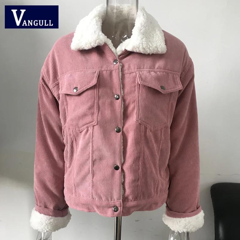 Vangull Corduroy Jacket Thick Velvet  Women Jackets  Winter New Warm Solid Outerwear Long Sleeve Vintage Short Women Coat