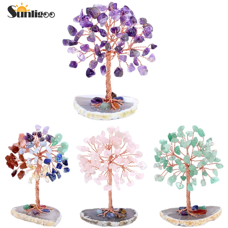 Sunligoo Super Mini Crystal Money Tree Copper Wire Wrapped W/ Agate Slice Base Healing Gemstone Yoga Feng Shui Trees Home Decor